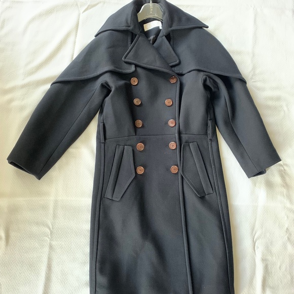 CHLOE Iconic Navy wool Ruffle Front Double Breasted Trench Coat - Picture 8 of 16